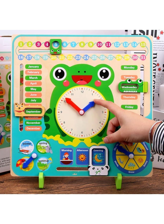 MOSH Montessori Wooden Toys Kids Clock Toy Unique Frog Shape Wooden Learning Toy for Toddlers 36 Month+ Year Olds Learn About Seasons Month Days of Week Time Educational Toys - Image 2